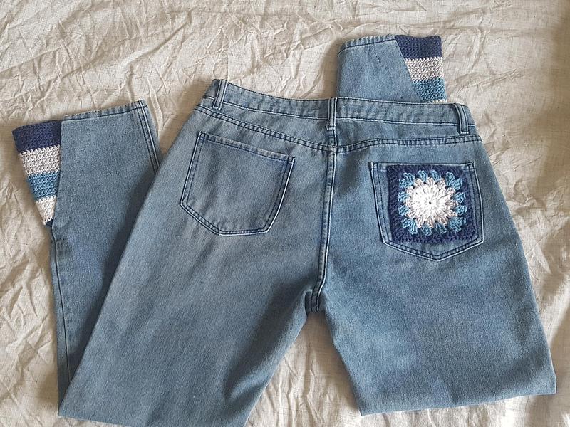 Upcycled size 12 jeans with crochet flare insert :: Consciously
